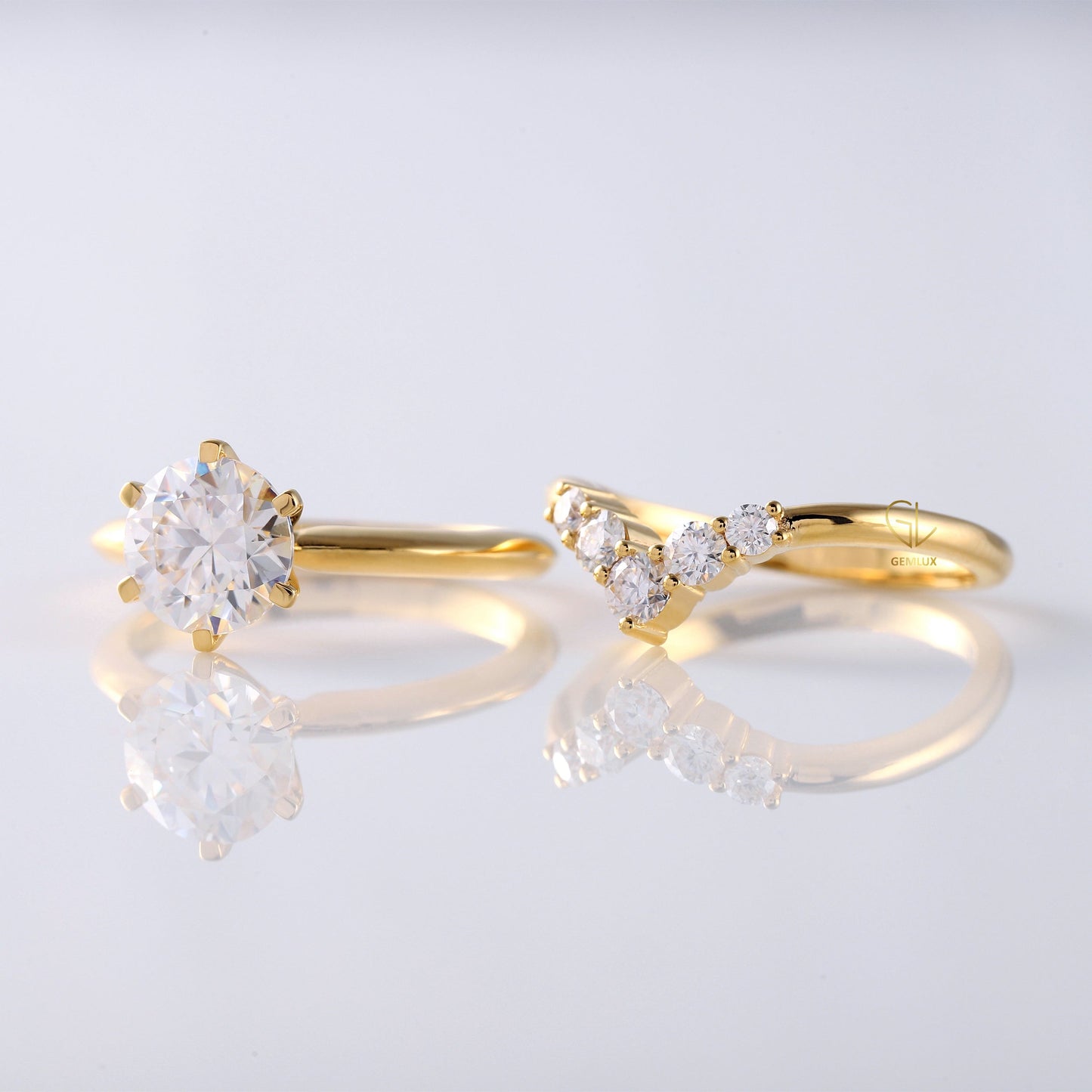 Certified Round Cut Lab Grown Diamond Solitaire Engagement Ring With Matching Curved Ring Set