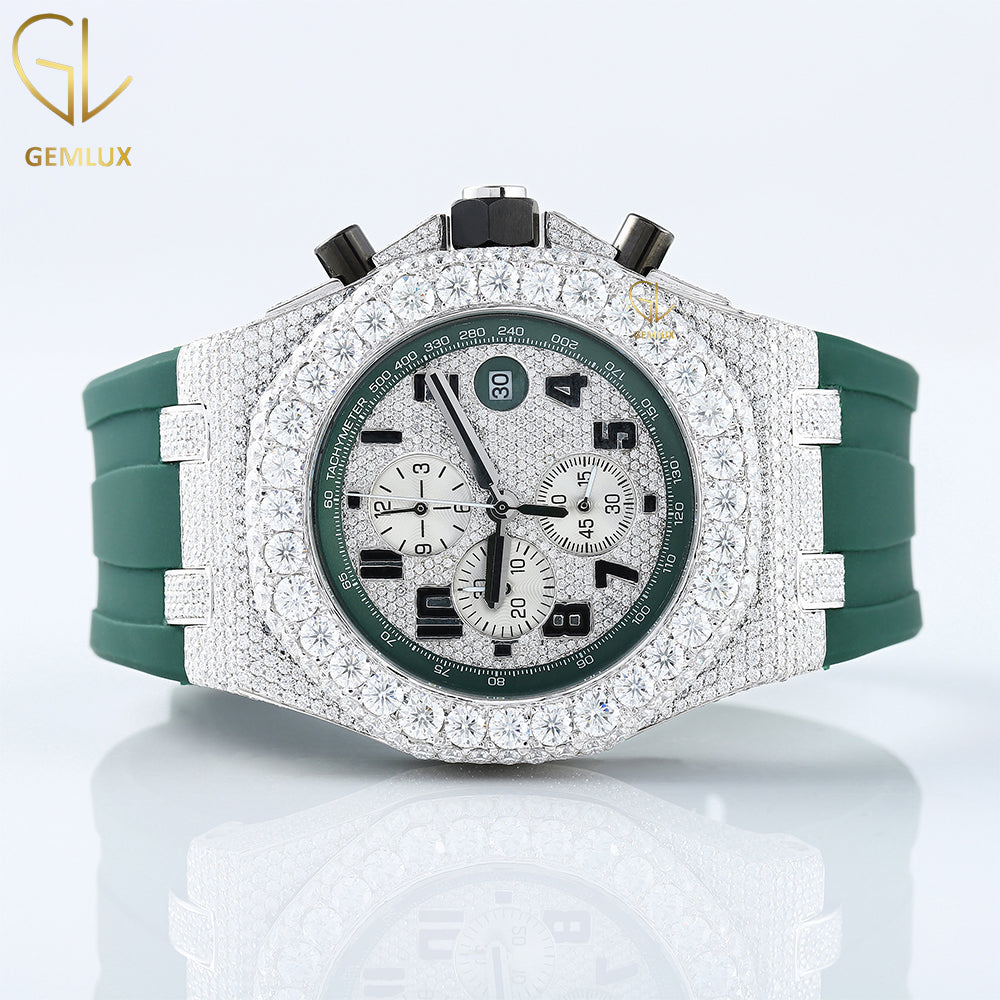 Green Rubber Belt Iced Out Chronograph Dial D VVS Moissanite Hip Hop Watch