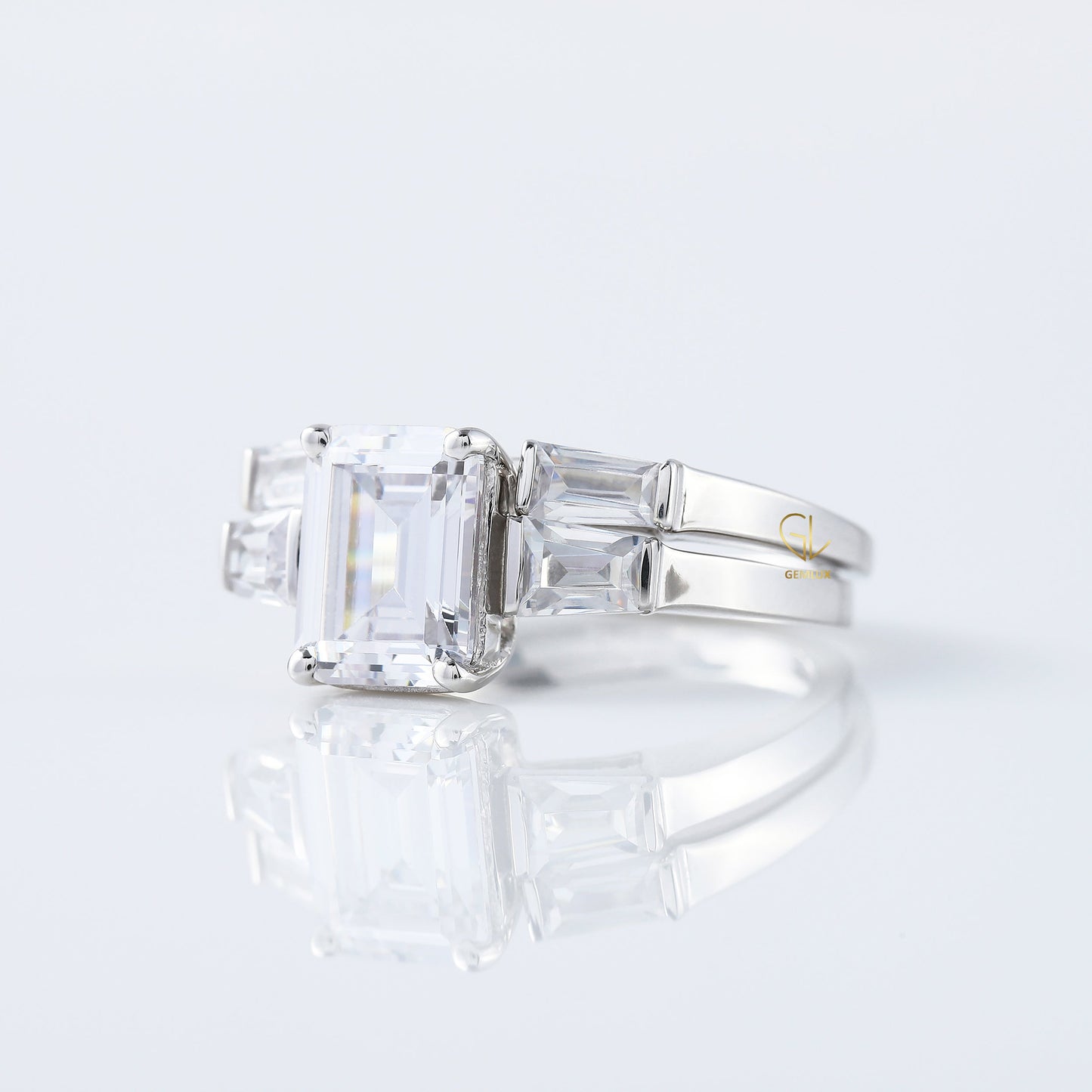 Emerald Cut Moissanite Diamond Three Stone Engagement Ring With Matching Open Cuff Band