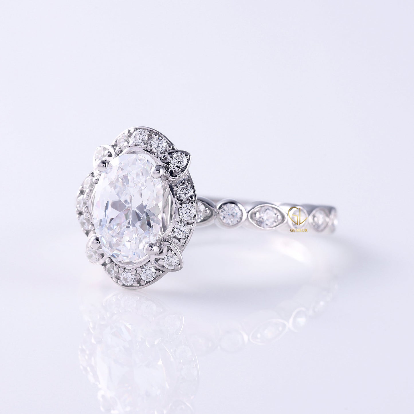 Certified Oval Cut Lab Grown Diamond Art Deco Halo Engagement Ring