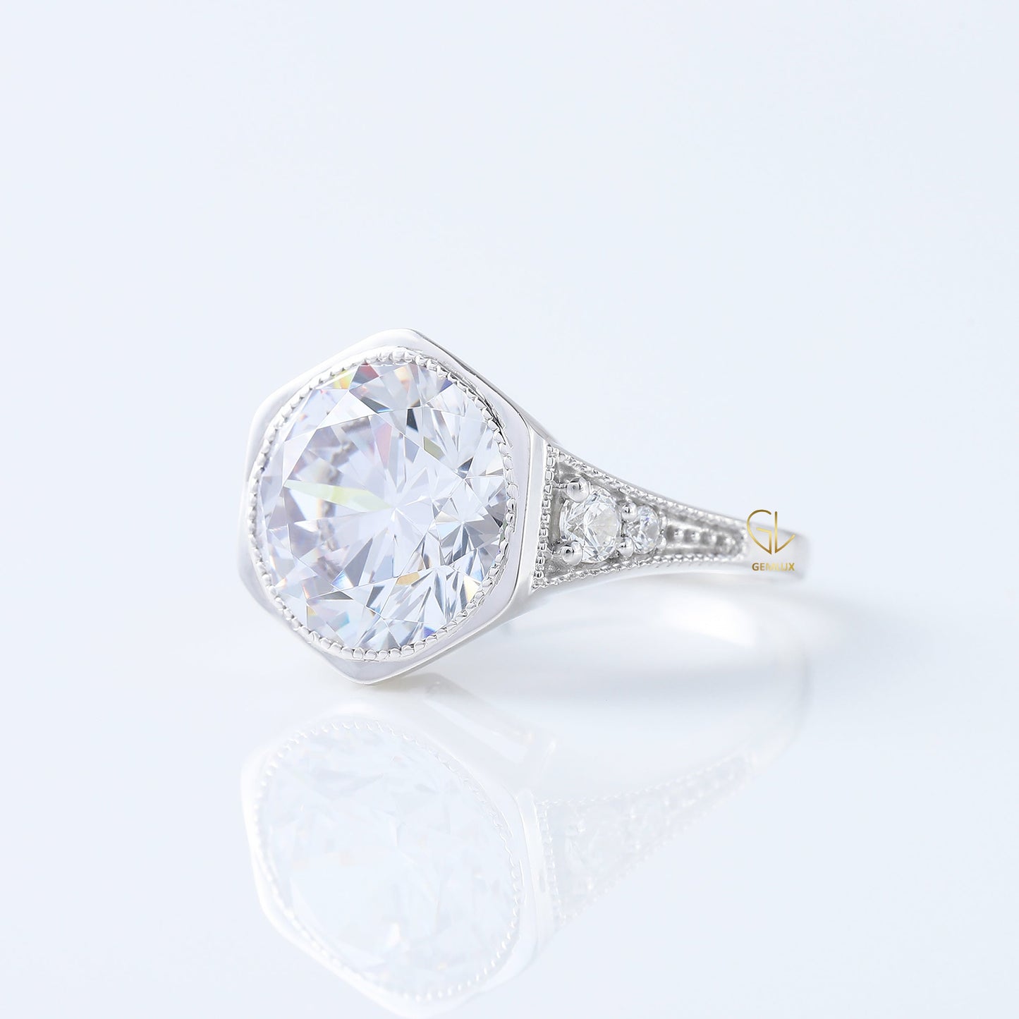 Art Deco Round Cut Moissanite Diamond Bezel Set Milgrain Engagement Ring