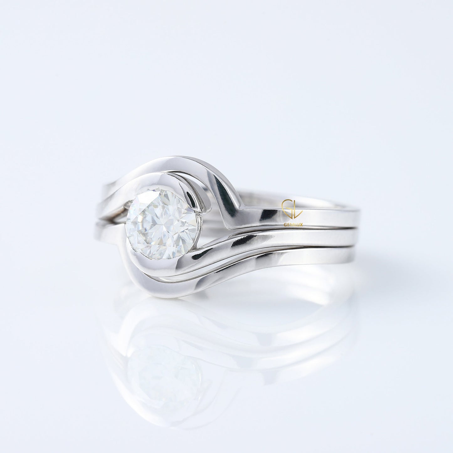 Round Cut Moissanite Diamond Swirl Bypass Engagement Trio Ring Set