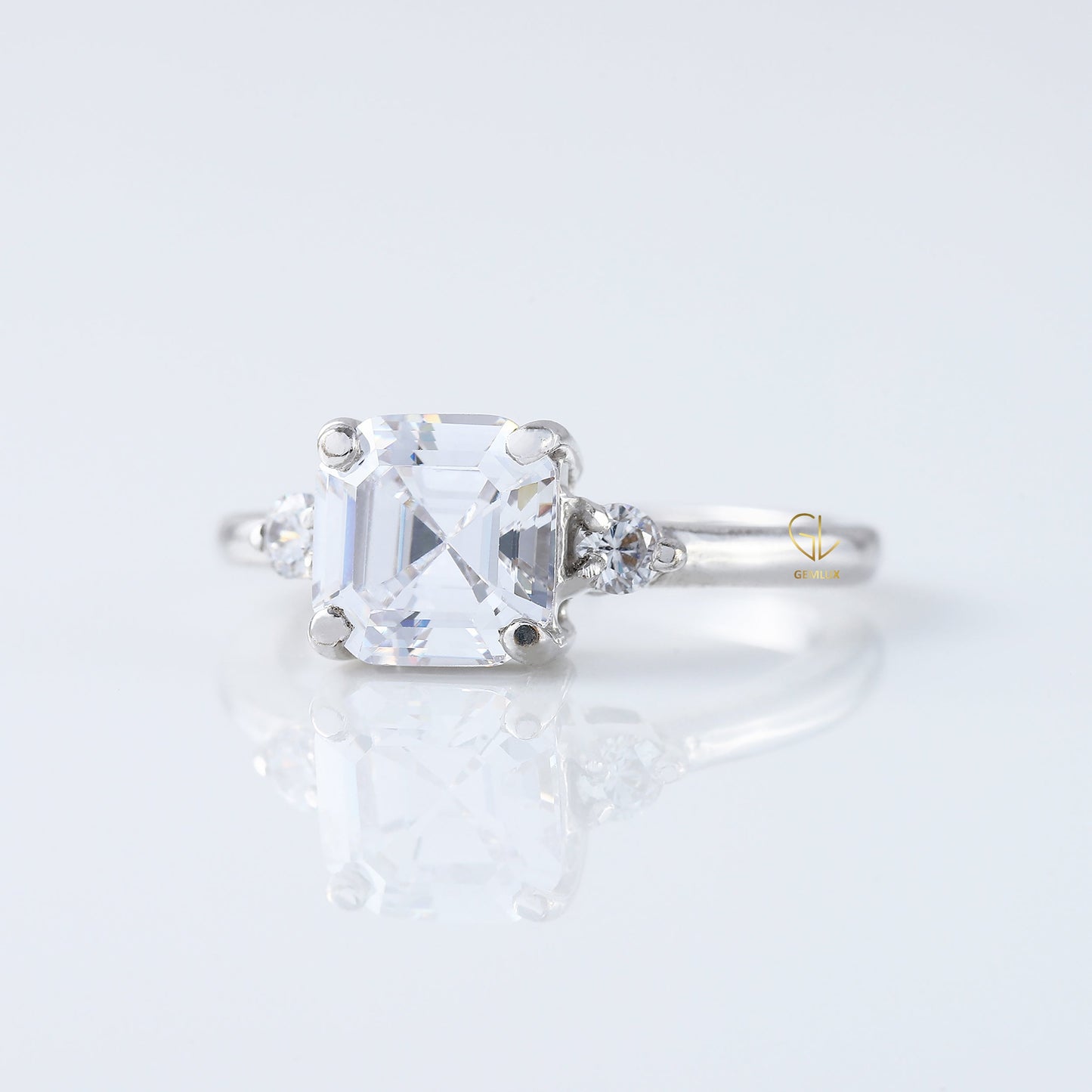 Three Stone 1.5 Ct Asscher Cut Moissanite Trilogy Engagement Ring