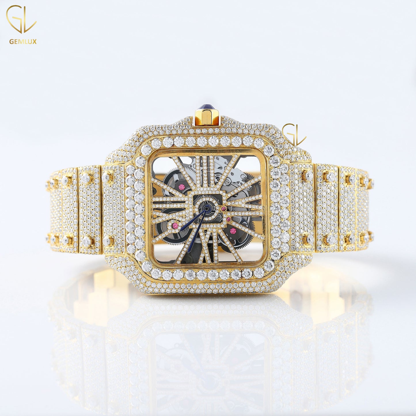 Yellow Gold Plated Skeleton Square Dial Lab Grown Diamond Watch