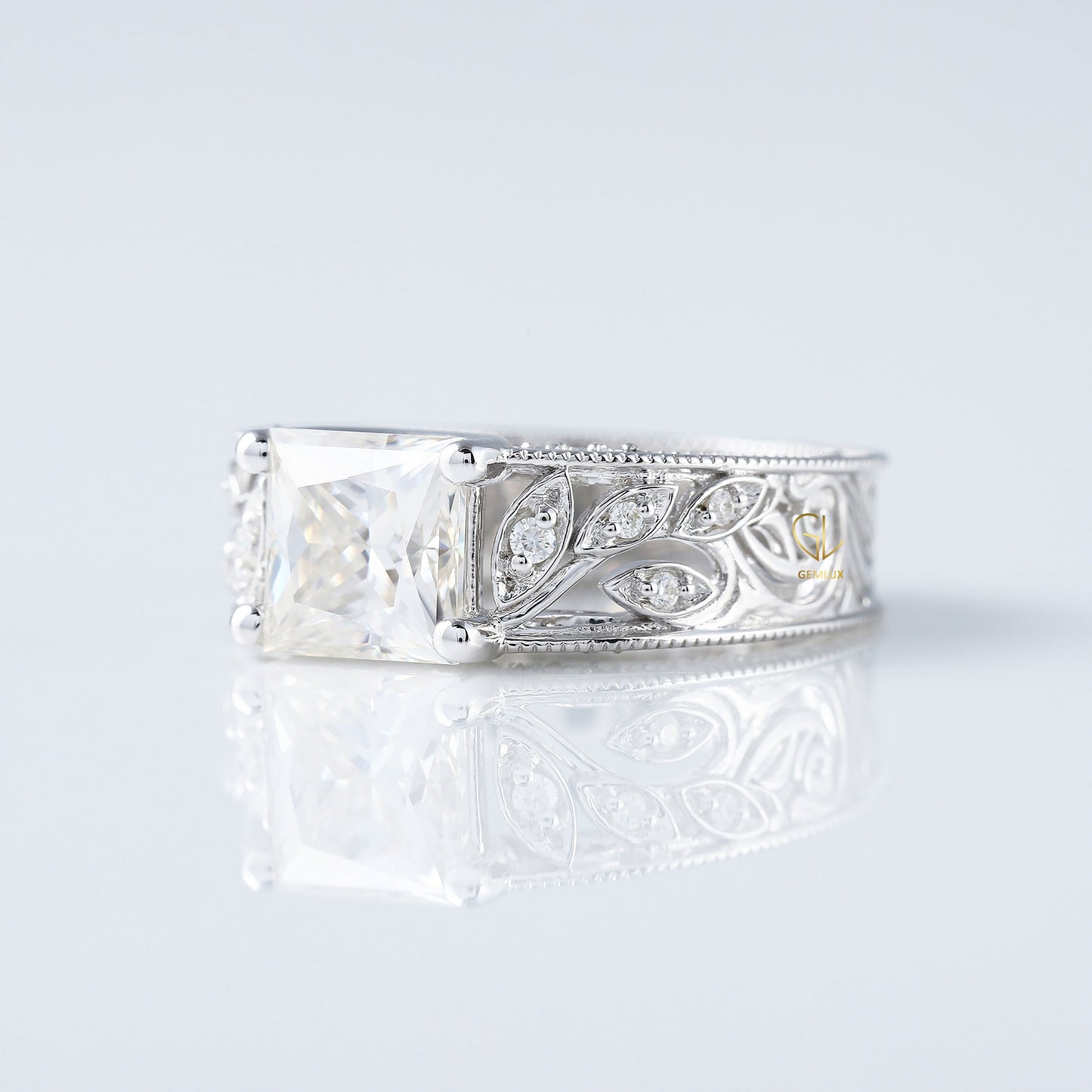 Vintage Leaf Inspired Princess Cut Moissanite Filigree Wide Band