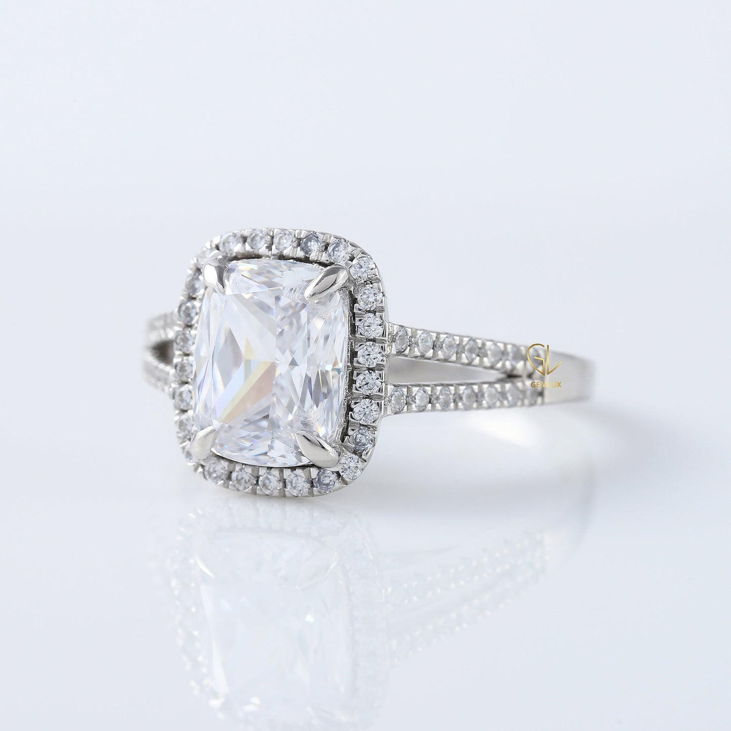 2.5 Ct Elongated Cushion Cut Moissanite Halo Split Shank White Gold Ring