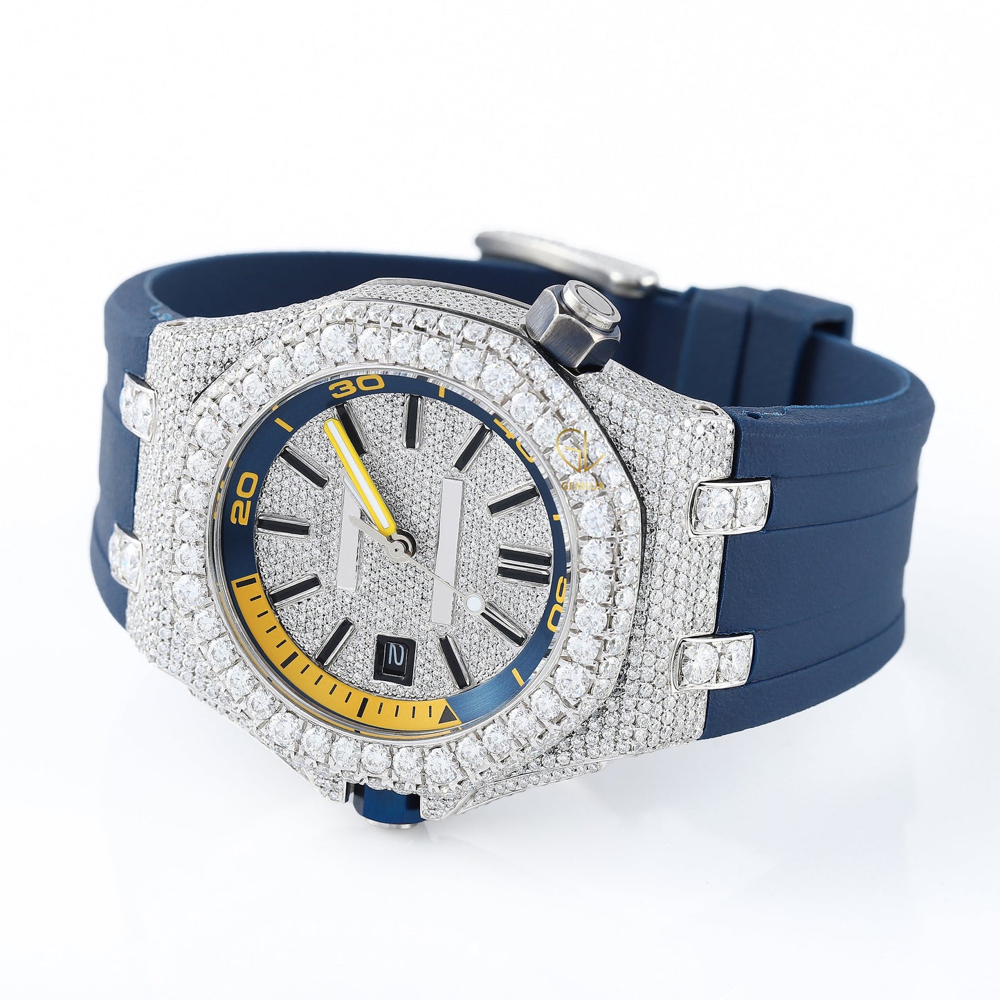 Iced Out Dial D VVS Moissanite Blue Rubber Strap Watch