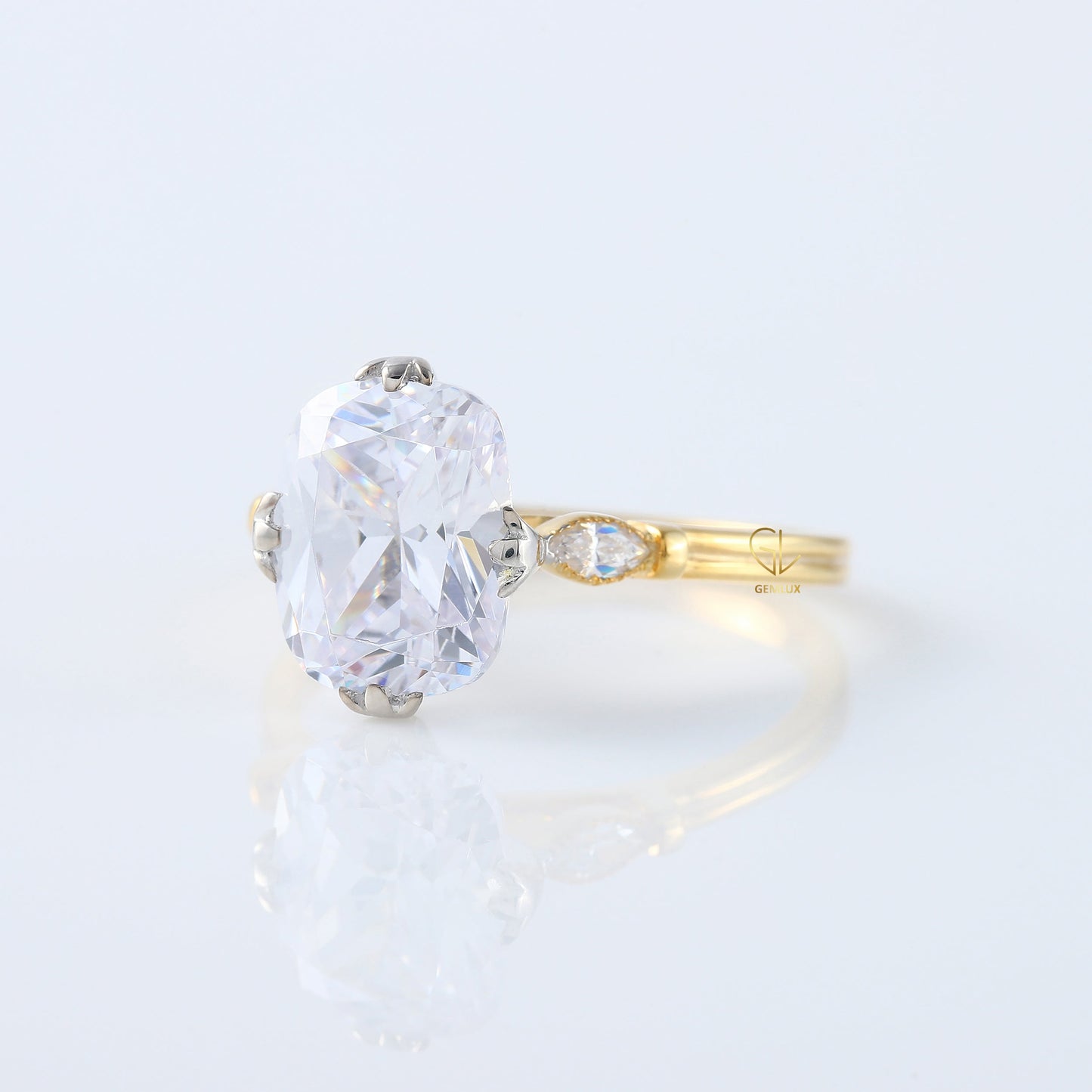 Fish Tail Prong Three Stone Elongated Cushion Cut Moissanite Ring