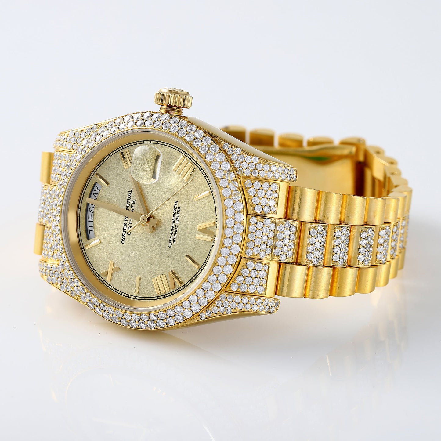 Bling Bling VVS Moissanite Roman Dial Day Date Yellow Gold Plated Watch