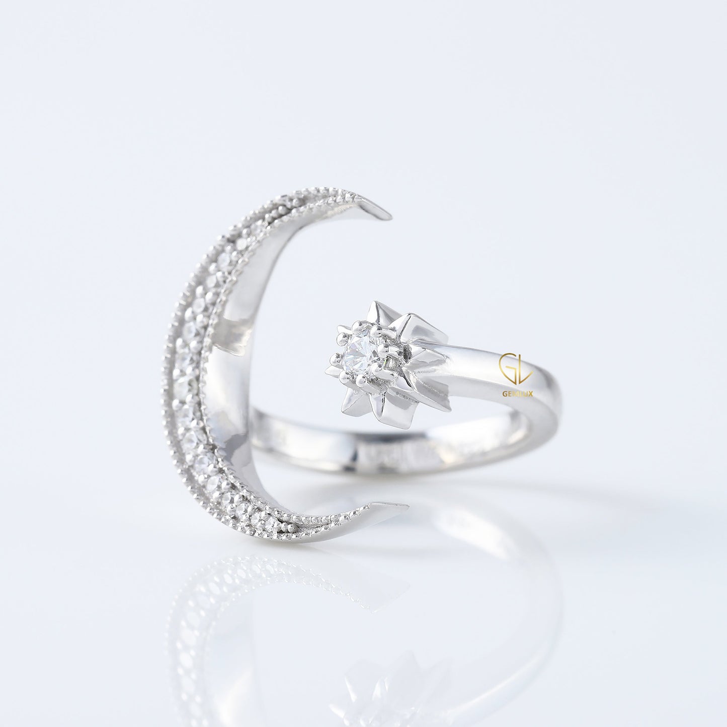 14k White Gold Open Cuff Moon Star Celestial Ring