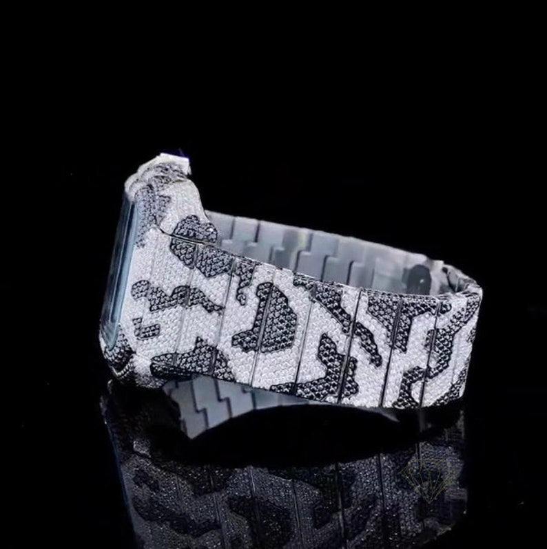 Square Roman Dial Iced Out Black & White Moissanite Hip Hop Watch