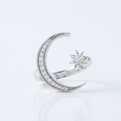 14k White Gold Open Cuff Moon Star Celestial Ring