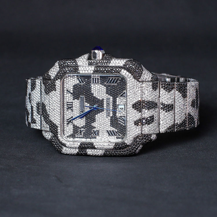 Square Roman Dial Iced Out Black & White Moissanite Hip Hop Watch