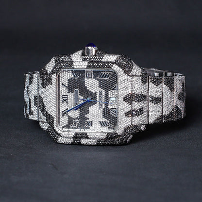 Square Roman Dial Iced Out Black & White Moissanite Hip Hop Watch