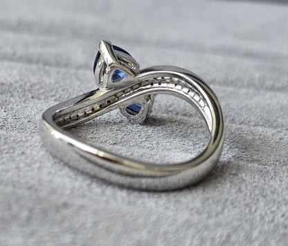 Blue Sapphire Trillion Cut Certified Natural Diamond Two Stone Engagement Ring