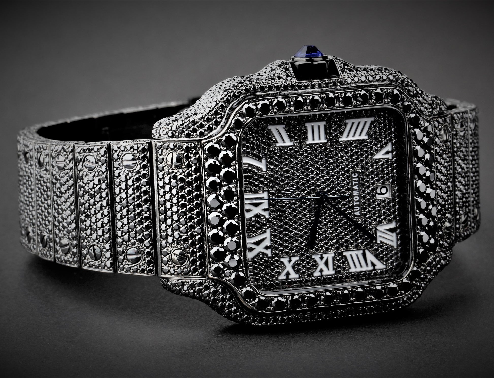 Square Roman Dial VVS Black Moissanite Diamond Hip Hop Watch