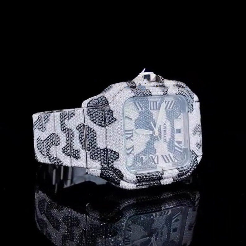 Square Roman Dial Iced Out Black & White Moissanite Hip Hop Watch