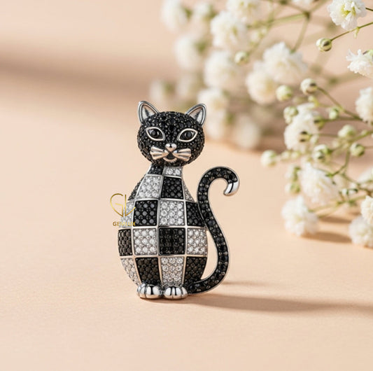 925 Silver Vintage Style Black Sitting Cat Brooch
