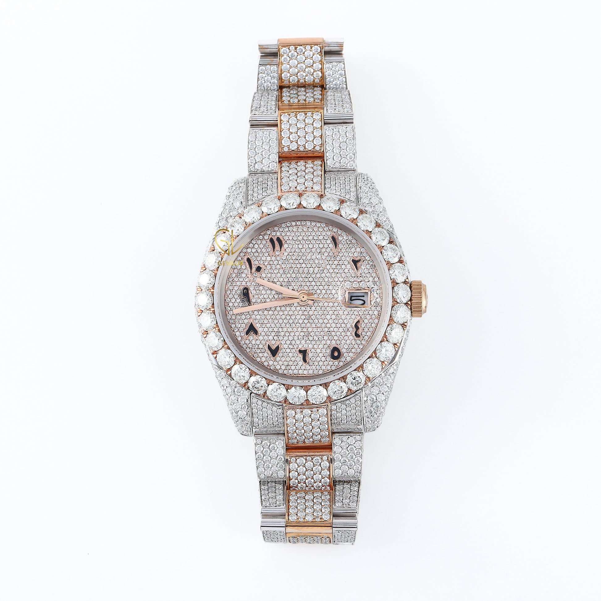 Arabic Dial Iced Out VVS Moissanite Rose Gold Plated Two Tone Watch