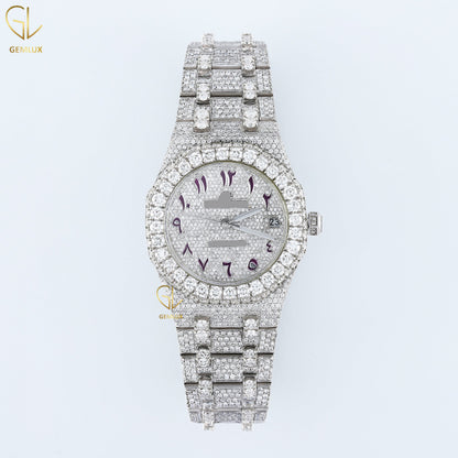 Arabic Number Dial Auto Date Iced Out Lab Grown Diamond Watch