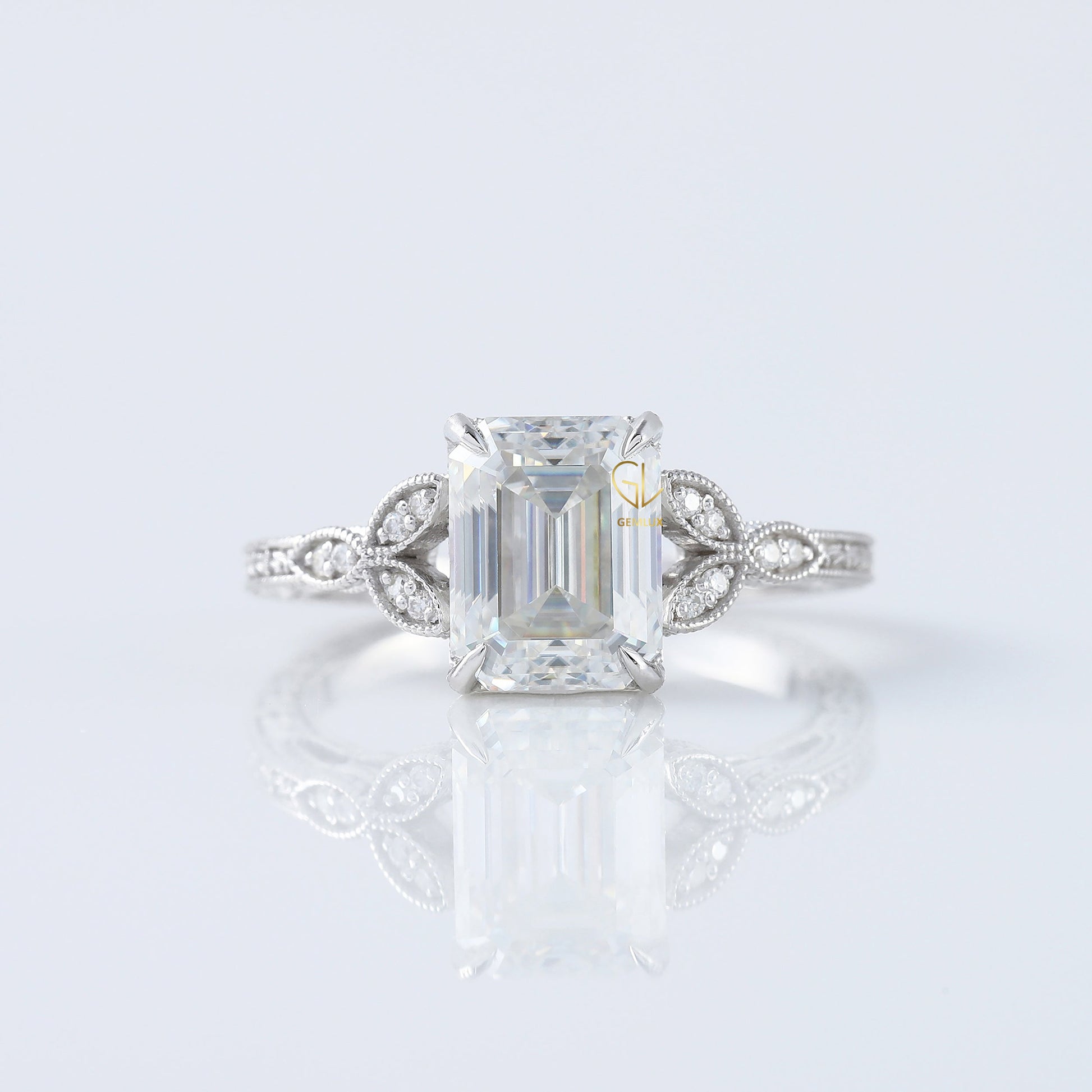 Art Deco 2.5 Ct Emerald Cut Lab Grown Diamond White Gold Ring