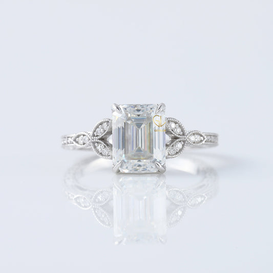 Art Deco 2.5 Ct Emerald Cut Lab Grown Diamond White Gold Ring