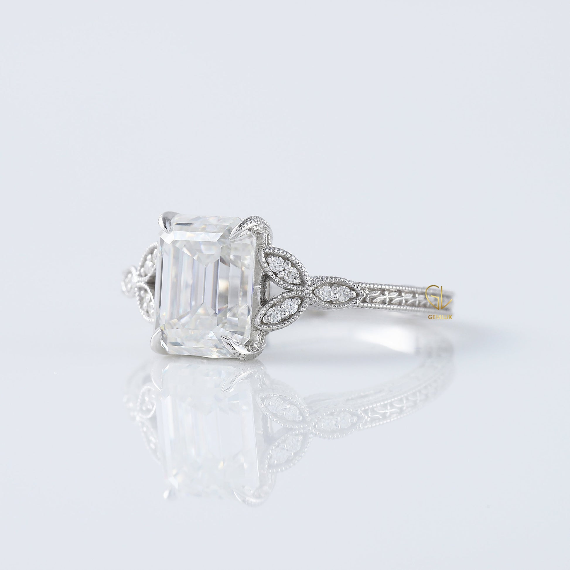 Art Deco 2.5 Ct Emerald Cut Lab Grown Diamond White Gold Ring