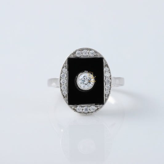 Art Deco Round Lab Grown Black Enamel Engagement Ring