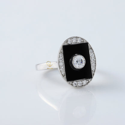 Art Deco Round Lab Grown Black Enamel Engagement Ring