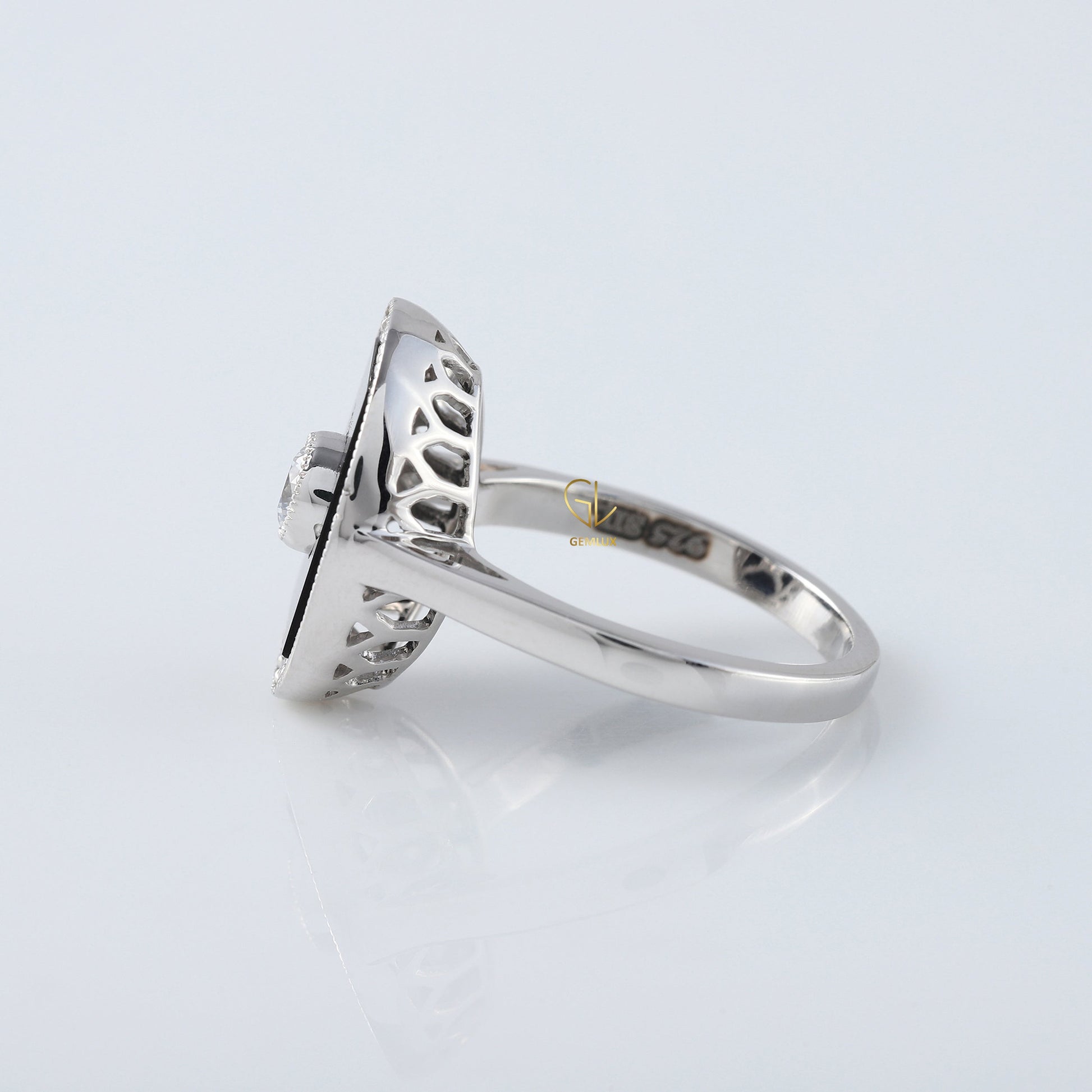 Art Deco Round Lab Grown Black Enamel Engagement Ring