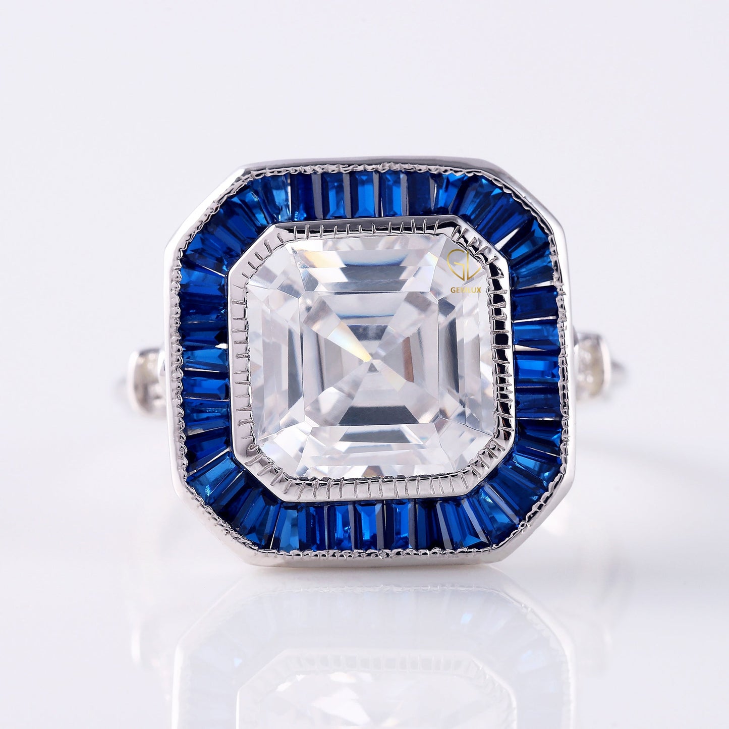 Art Deco Asscher Cut Moissanite Halo Engagement Ring