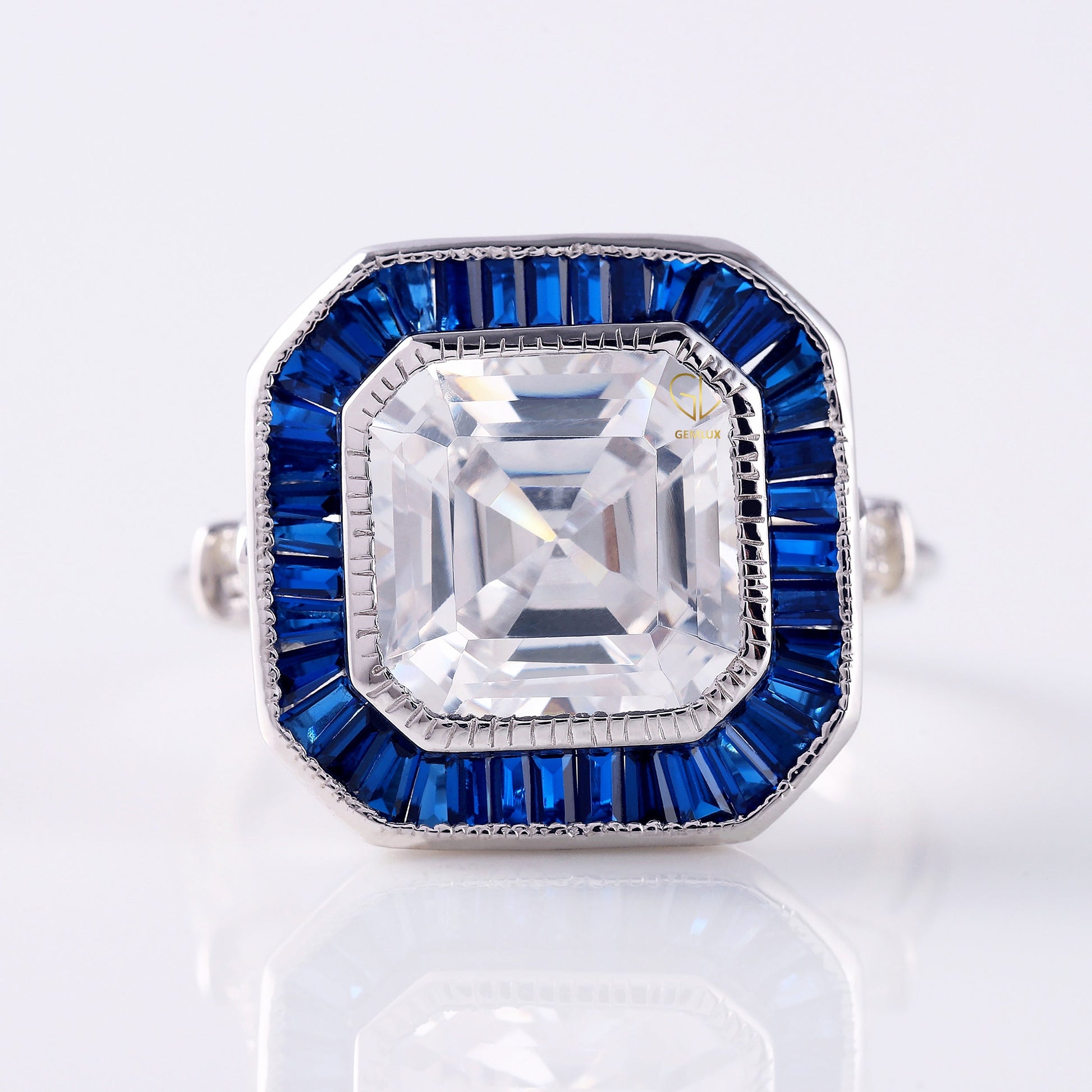 Art Deco Asscher Cut Moissanite Halo Engagement Ring