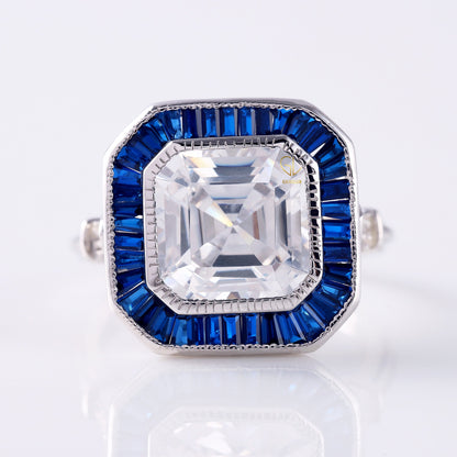 Art Deco Asscher Cut Moissanite Halo Engagement Ring