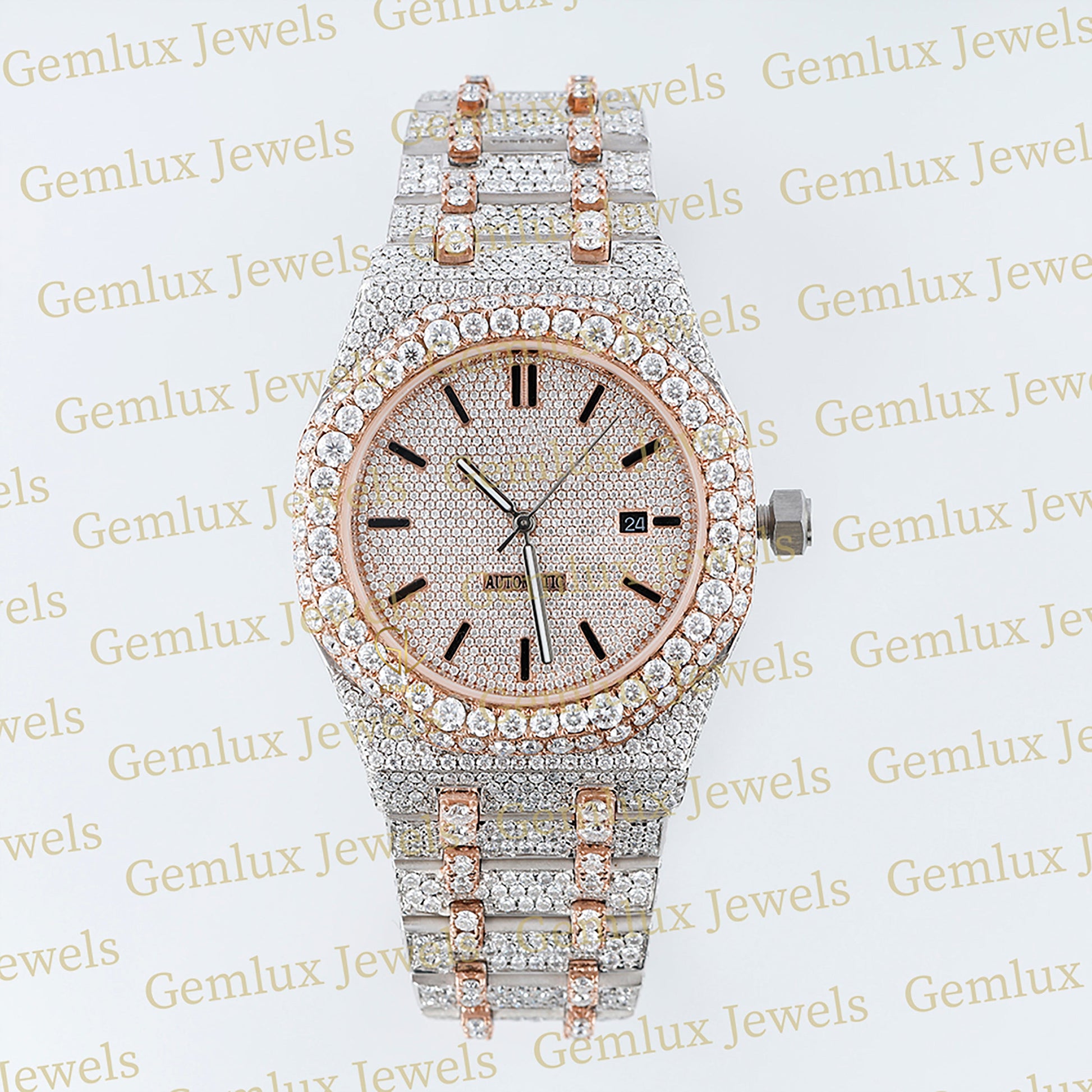 Automatic Movement Two Tone Rose Gold Iced Out Moissanite Watch