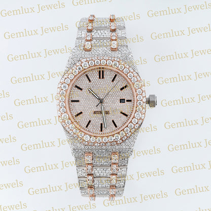 Automatic Movement Two Tone Rose Gold Iced Out Moissanite Watch