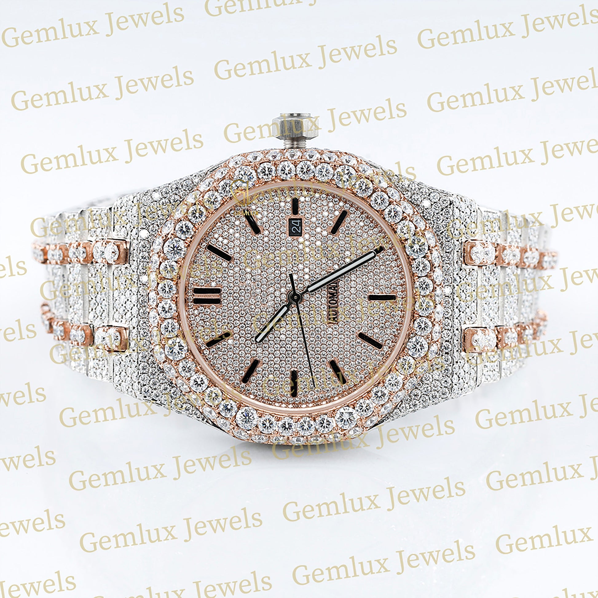 Automatic Movement Two Tone Rose Gold Iced Out Moissanite Watch