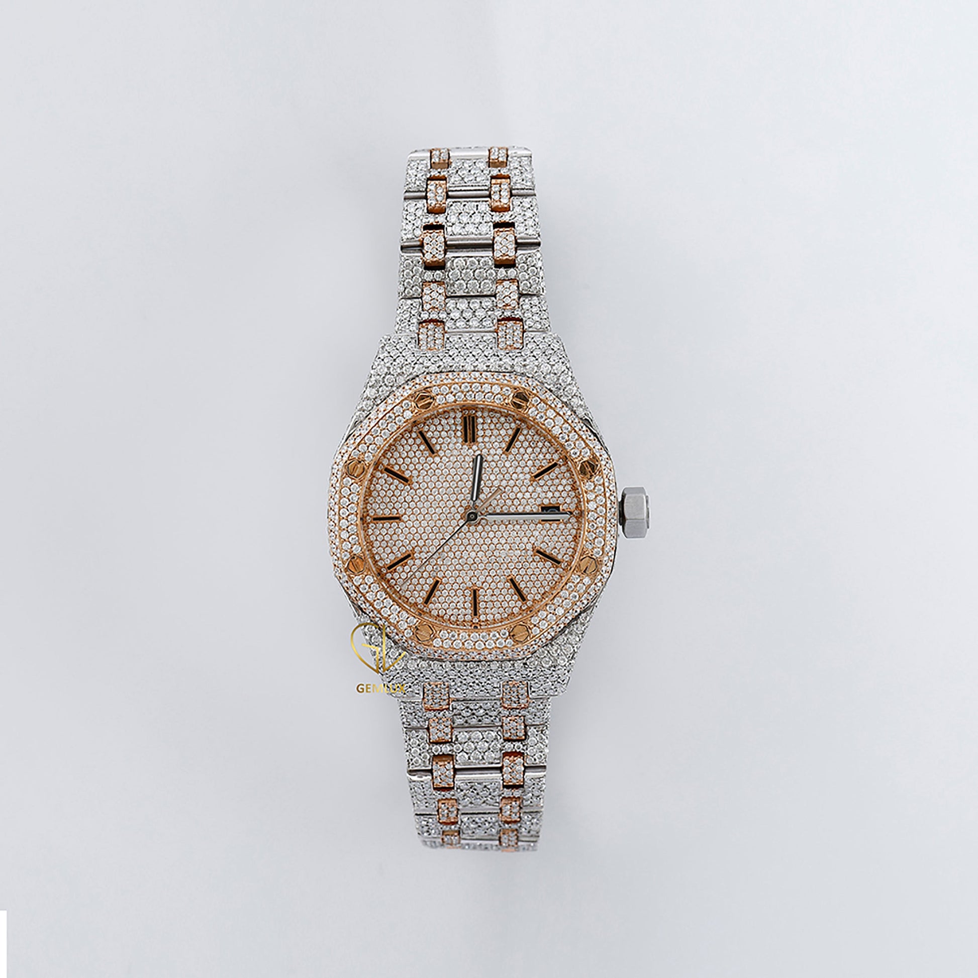 Automatic Movement Two Tone Rose Gold Iced Out VVS Moissanite Watch