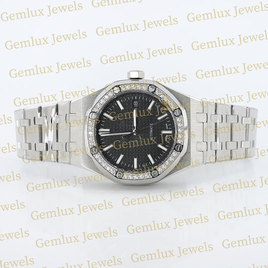 Black Dial Moissanite Diamond Bezel Wrist Watch For Women