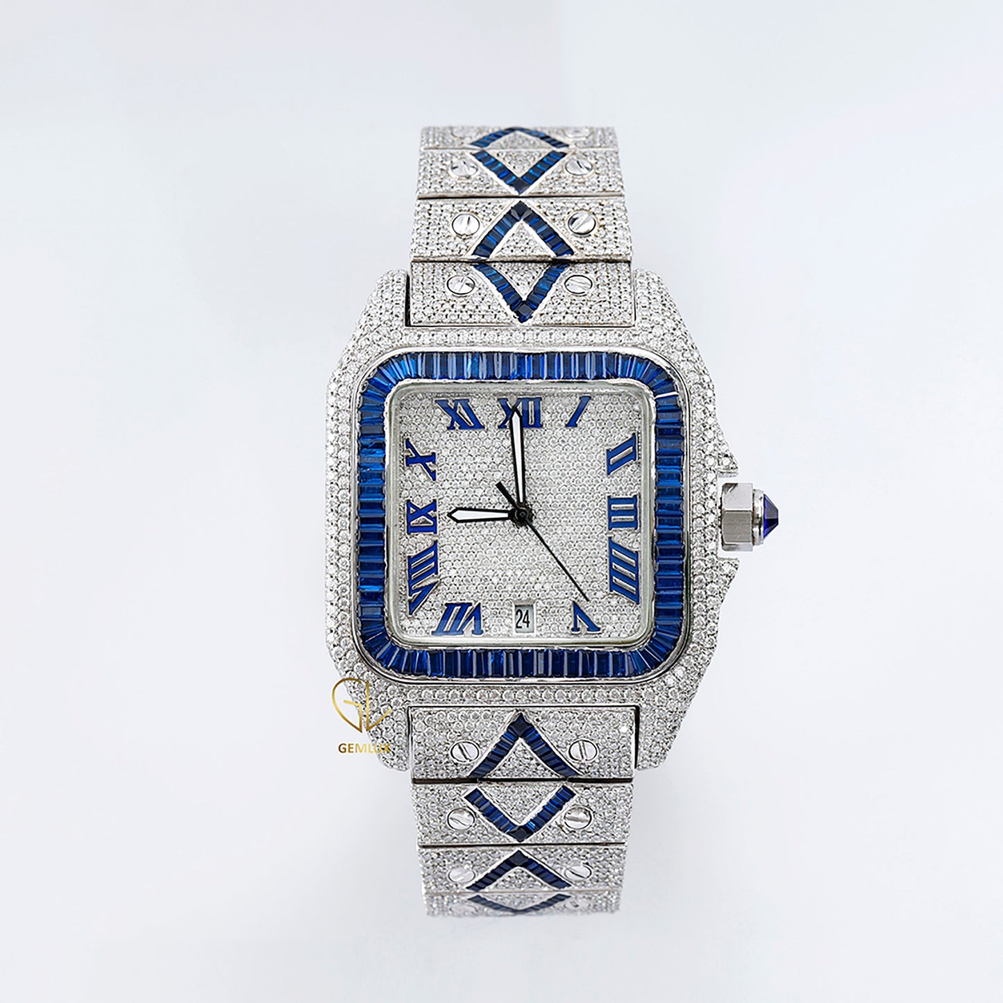 Blue Sapphire Bezel Square Roman Dial Cutomise Iced Out Moissanite Watch