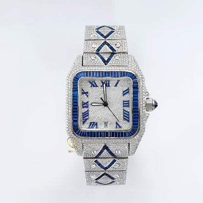 Blue Sapphire Bezel Square Roman Dial Cutomise Iced Out Moissanite Watch