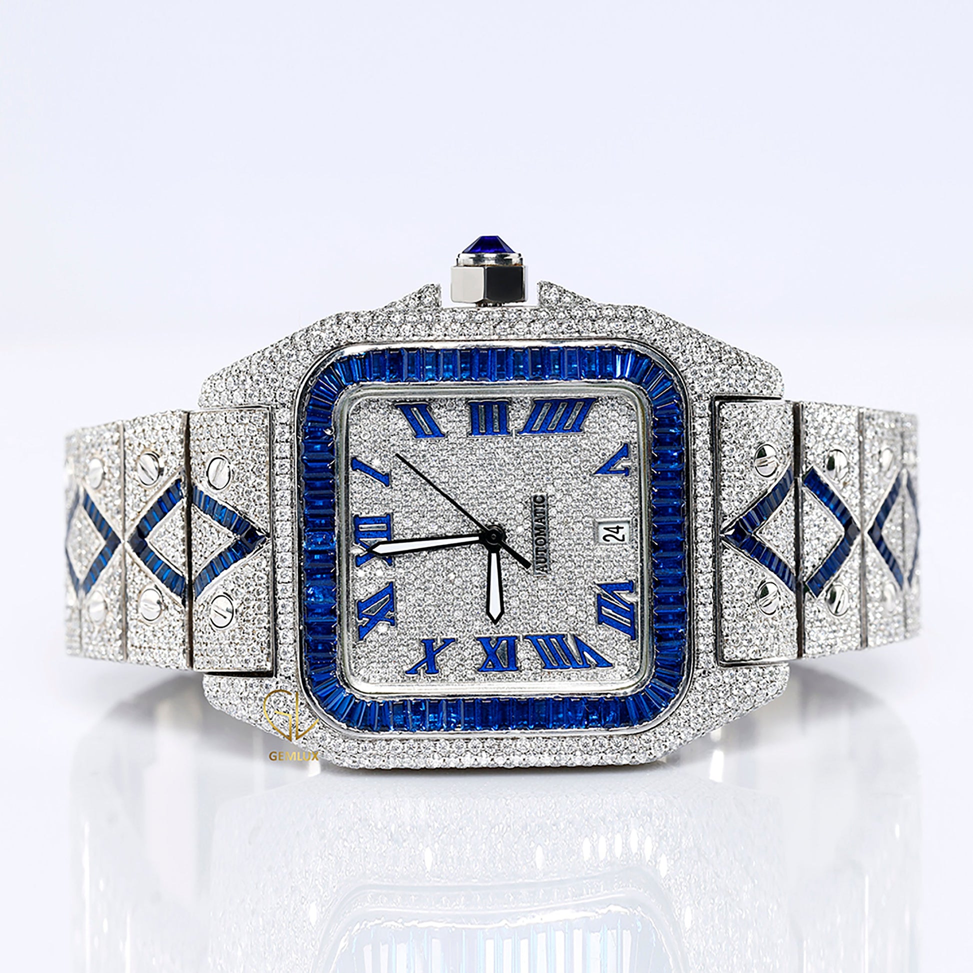 Blue Sapphire Bezel Square Roman Dial Cutomise Iced Out Moissanite Watch