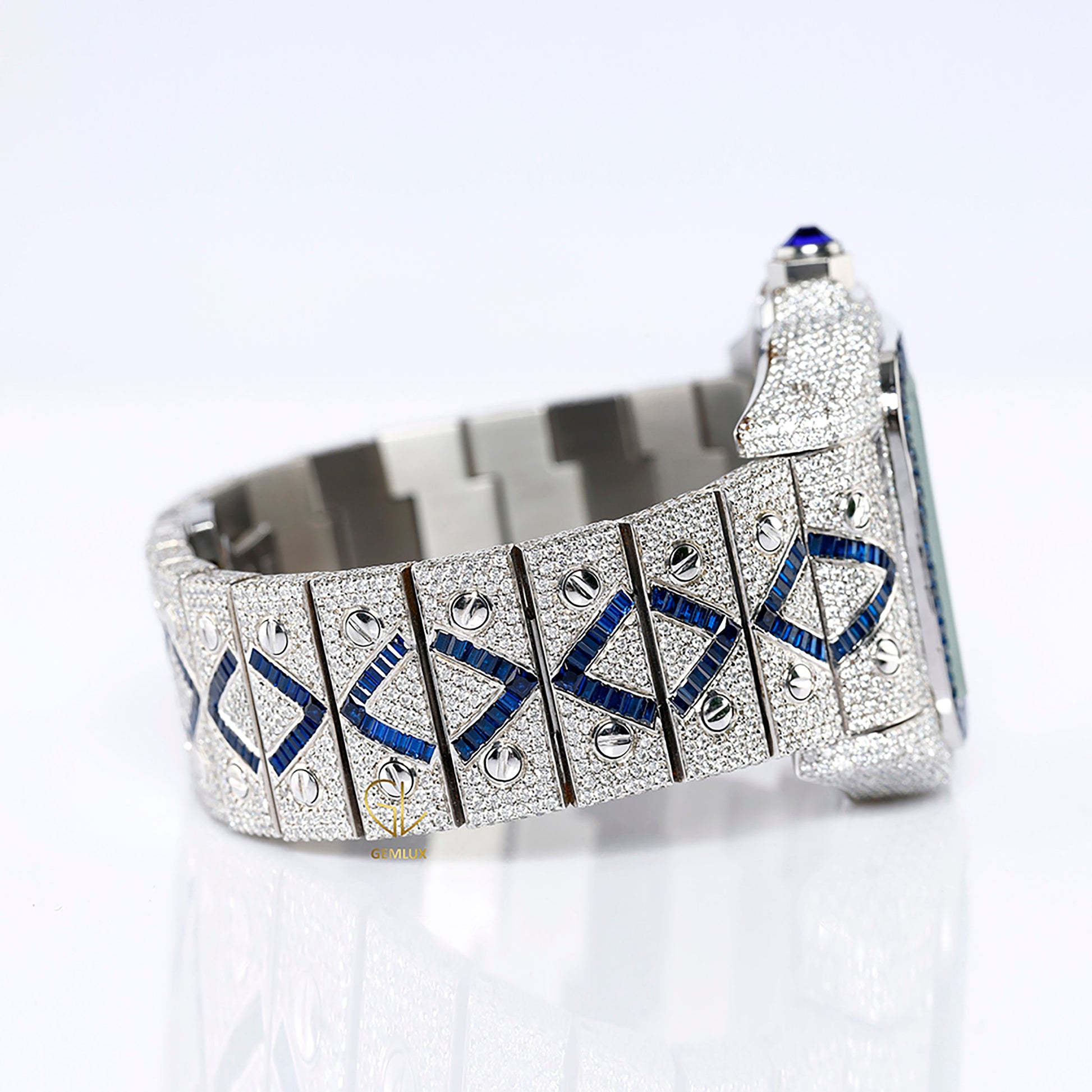 Blue Sapphire Bezel Square Roman Dial Cutomise Iced Out Moissanite Watch