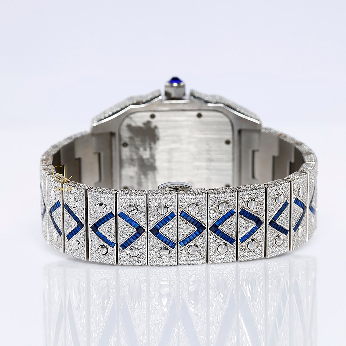 Blue Sapphire Bezel Square Roman Dial Cutomise Iced Out Moissanite Watch