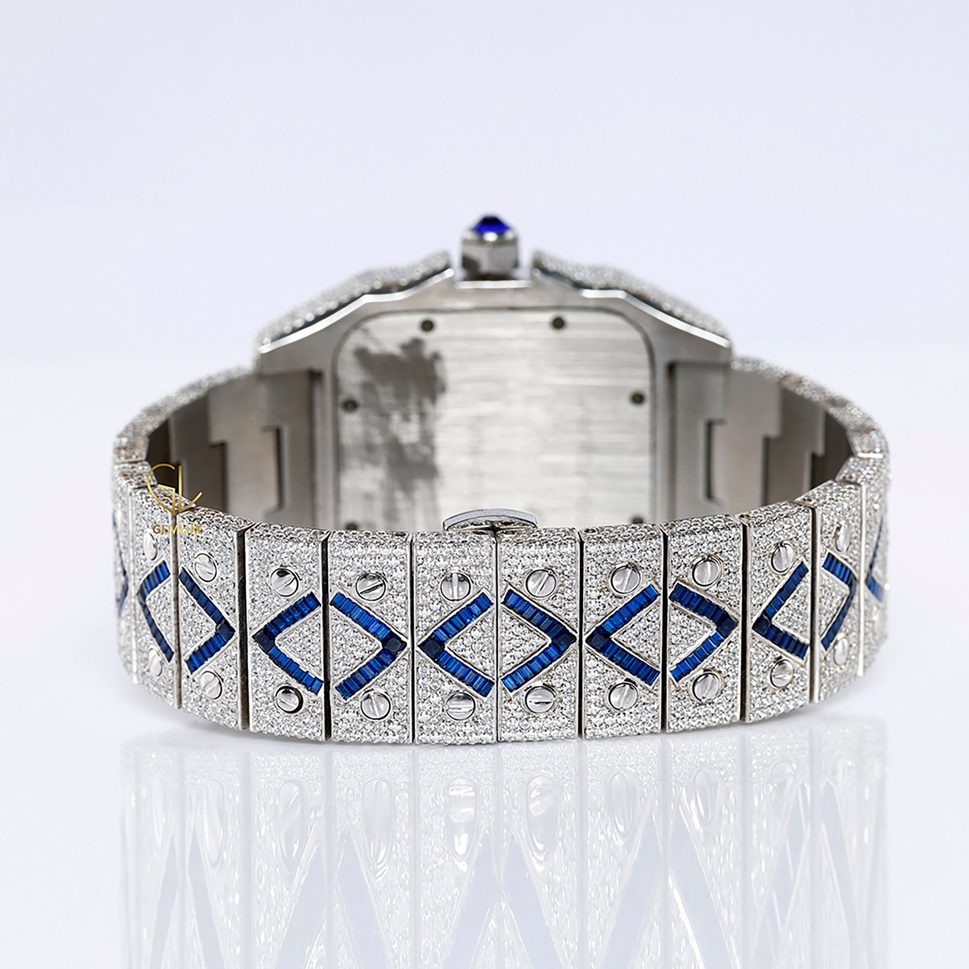 Blue Sapphire Bezel Square Roman Dial Cutomise Iced Out Moissanite Watch