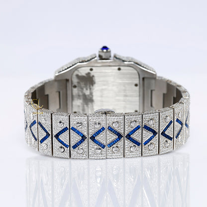 Blue Sapphire Bezel Square Roman Dial Cutomise Iced Out Moissanite Watch
