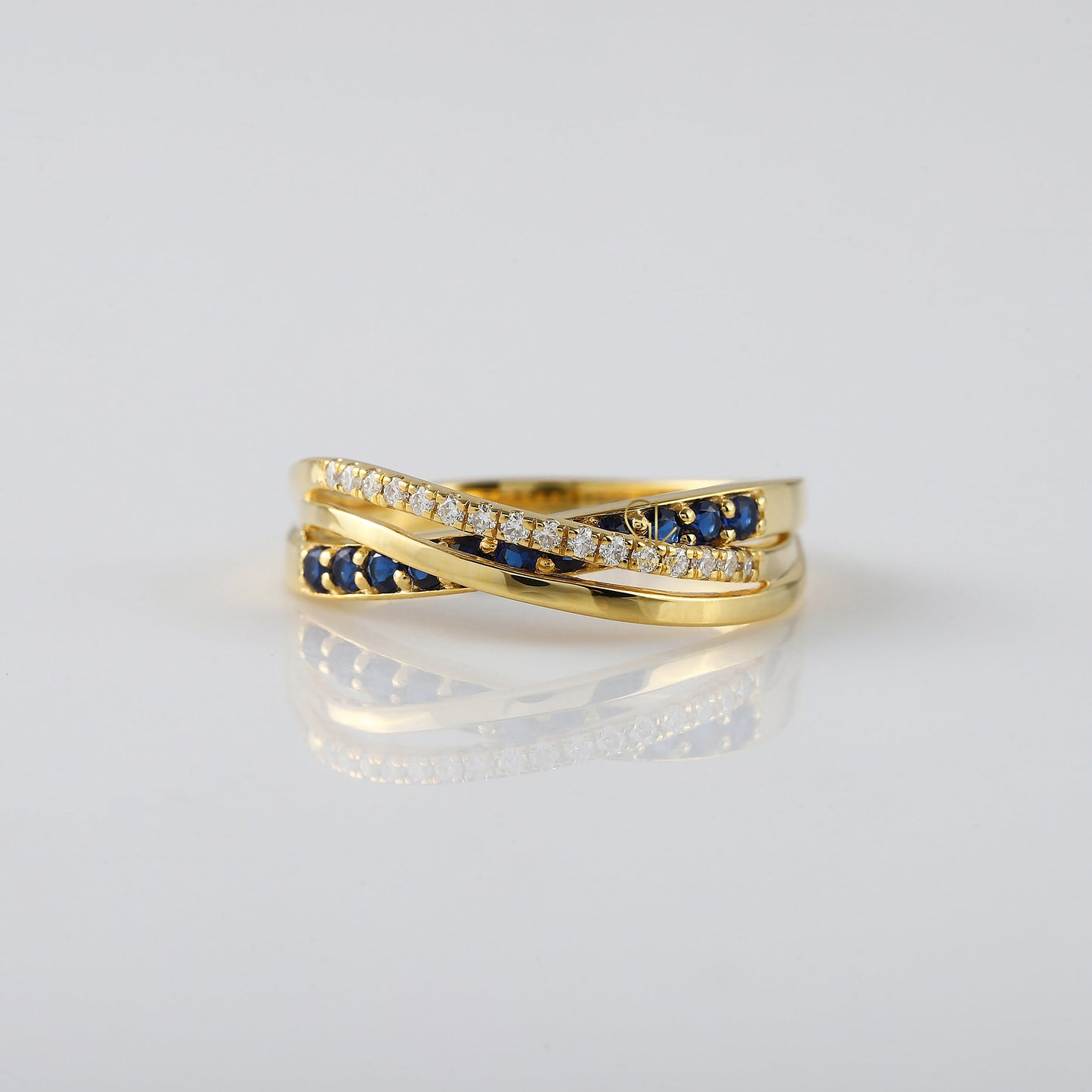 Blue Sapphire Lab Ground Round Diamond Criss Cross Engagement Ring