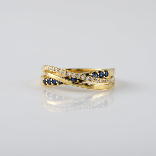 Blue Sapphire Lab Ground Round Diamond Criss Cross Engagement Ring