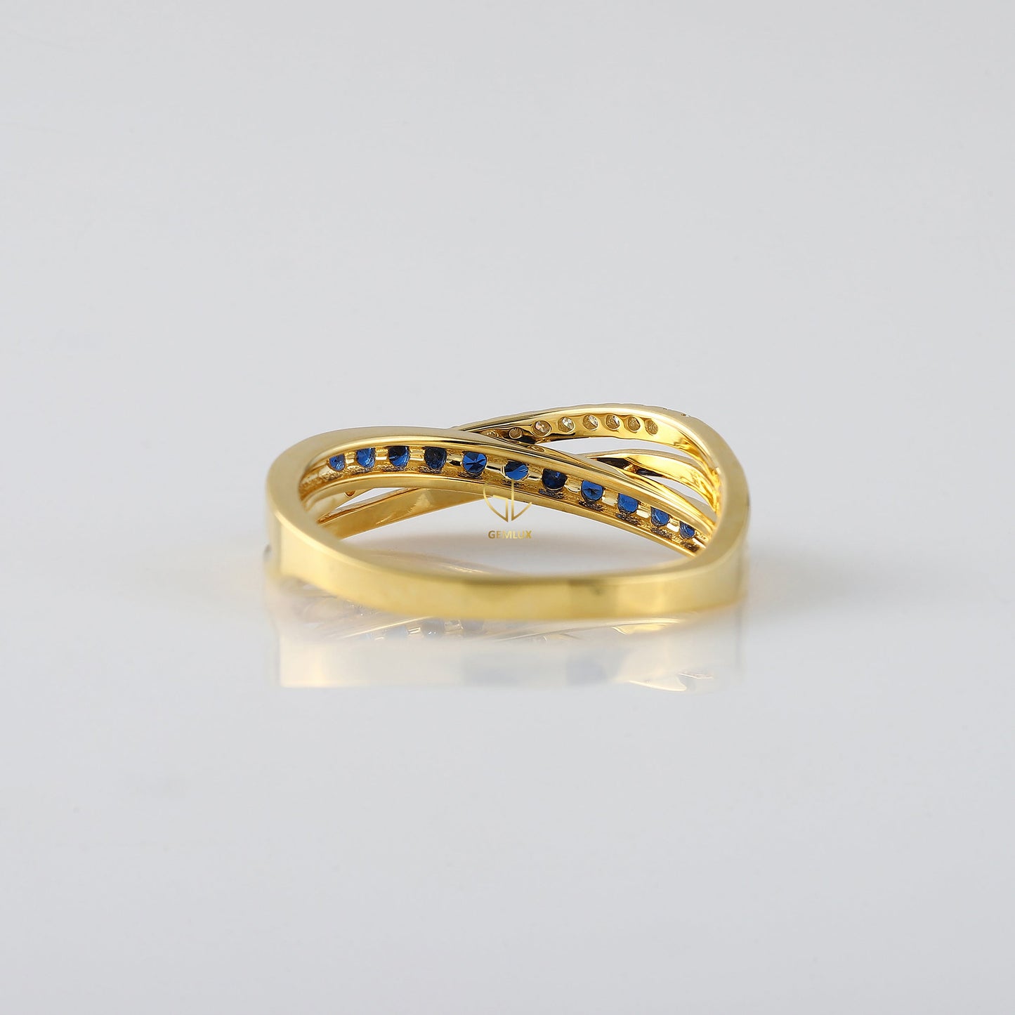 Blue Sapphire Lab Ground Round Diamond Criss Cross Engagement Ring