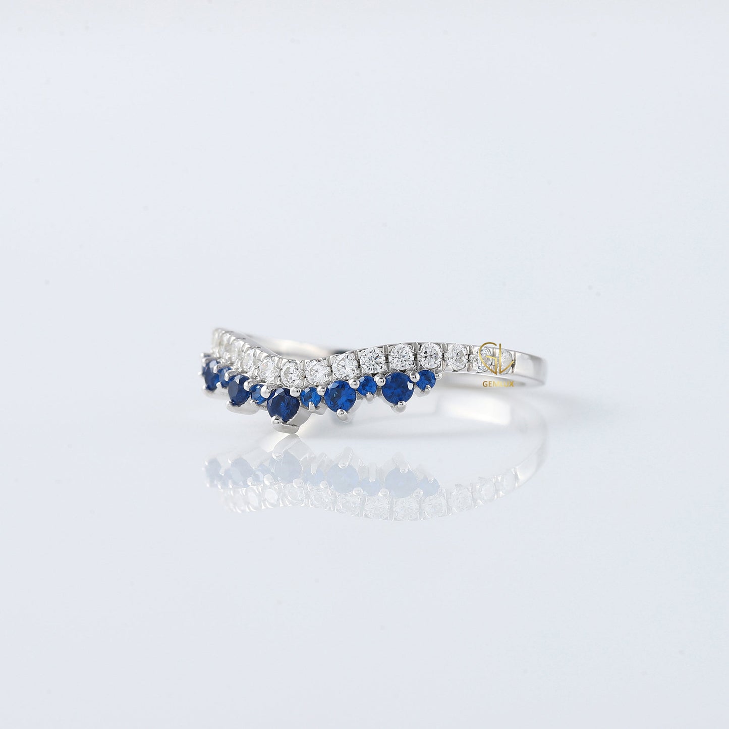 Blue Sapphire Round Cut Moissanite Diamond Chevron Band