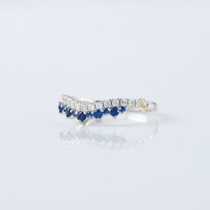 Blue Sapphire Round Cut Moissanite Diamond Chevron Band